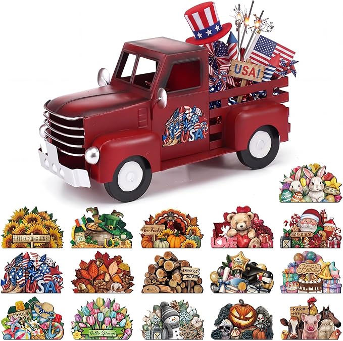 Threehoney Farmhouse Truck Decor 12.2 Inch Vintage Red Metal Truck with 16 Magnet Patriotic Table Decoration Summer Centerpieces for Home Kitchen 4th of July Holiday Interchangeable Seasonal Decor