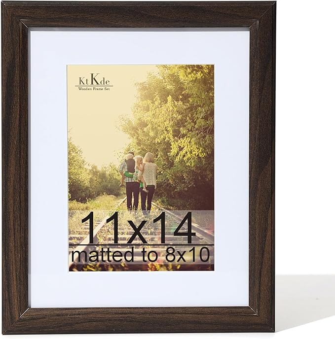 KTKDE 11x14 Picture Frame Real Glass, Display Pictures 8x10 with Mat or 11x14 Without Mat, Modern Style Wood Composite Frame,Gallery Wall Frame Wooden Walnut ，best gift