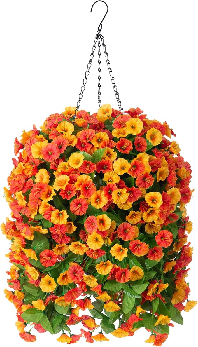 Artificial Flowers with Hanging Basket, Outdoor Faux Plants Silk Morning Glory Vines, Fake Green Arrangement for Garden Patio Spring Summer Decor(Orange)