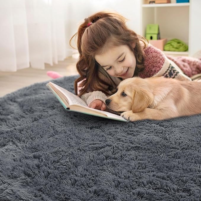 OLANLY Grey Round Rugs for Bedroom - Machine Washable, 3 ft Circle Area Rugs for Living Room, Soft and Fluffy Shaggy Carpet for Teen Girls and Boys, Nursery Rooms, Dorms, Home Decor Aesthetic
