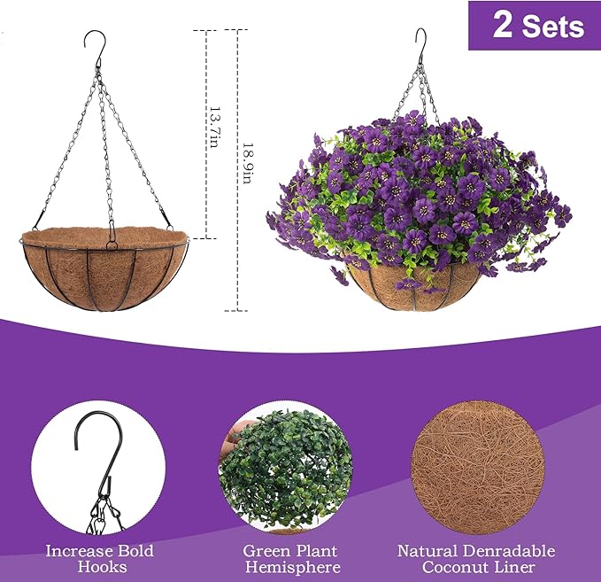 Hananona 2 Set Artificial Outdoor Flowers with Hanging Basket, 2 Hanging Planters with 24 Pcs Flowers for Spring Summer Front Porch Garden Patio Home Decor (2, Purple)