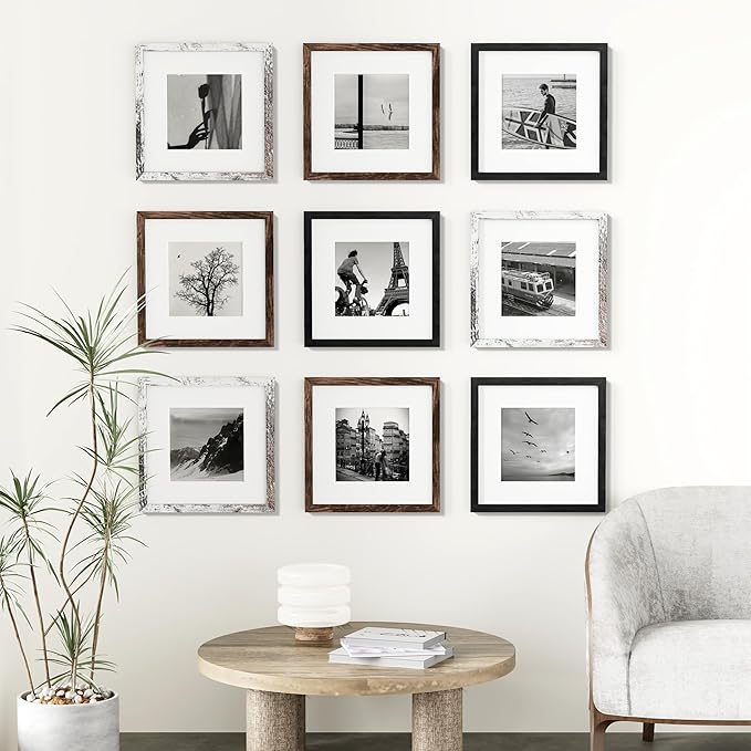 Vittanly 12x12 Picture Frames Set of 9, Display 8x8 Pictures with Mat or 12x12 without Mat, Photo Frames for Wall Mount, Engineered Wood, Black&Brown&Distressed White
