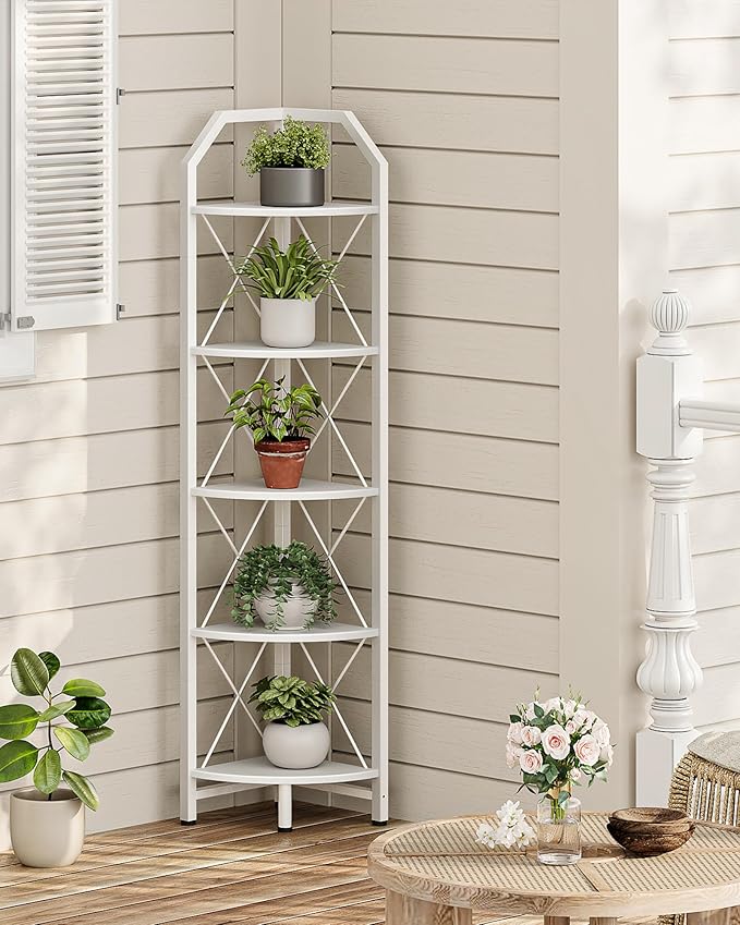 CHOEZON 5-Tier Corner Shelf, Industrial Corner Bookshelf, 59.4" Corner Storage Stand, Plant Stand Display Shelf, Corner Bookcase for Bedroom, Living Room, Home Office, White TCJ10WB