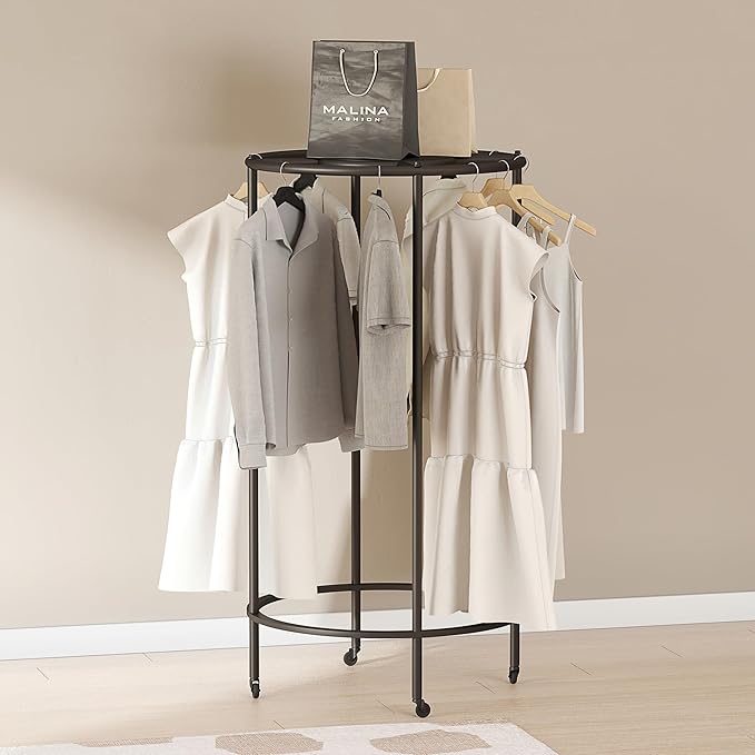 Round Clothes Display Retail Rack, Floor-Standing Heavy-Duty Garment Hanging Rack, Clothing Racks with Topper, Multi-Purpose Clothing Organizer for Boutique Retail Store Laundry Home Black