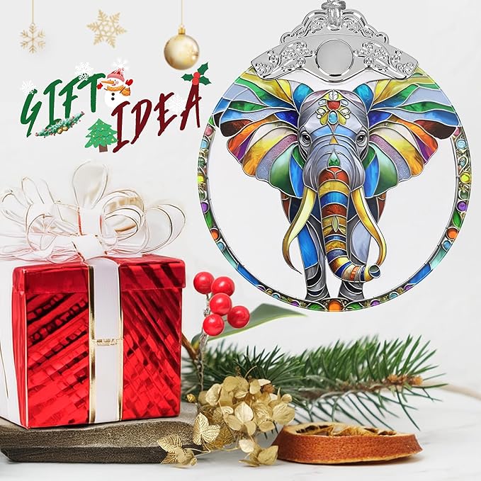 Stained Glass Suncatcher Ornament - Elephant Christmas Decorations - Christmas Ornaments for Tree - Holiday Present Ideas - Gift Exchange