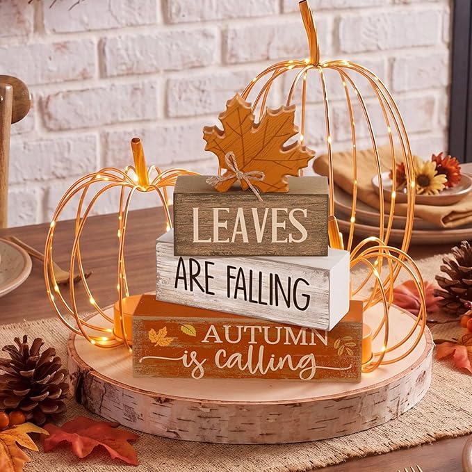 Lineshading 4 Pcs Fall Decoration for Home Wooden Maple Leaf Thanksgiving Table Centerpiece Rustic Thanksgiving Tiered Tray Decor Decorative Autumn Leaves Block Sign Farmhouse Autumn Decor for Kitchen
