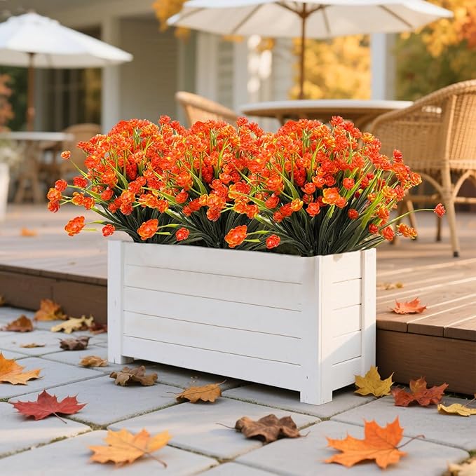 12 Bundles Artificial Flowers for Outdoors Spring Summer Decorations, UV Resistant Fake Mums Realistic Fake Plants Faux Plastic Flowers for Outdoor Indoor Home Gardens Porch Fall Decor(Orange Red)