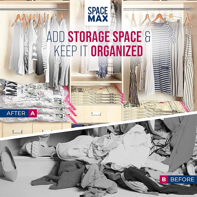 Medium 6 Pack | SPACE MAX Premium Space Saver Vacuum Storage Bags - Save 80% More Storage Space - Reusable, Double Zip Seal & Leak Valve, Includes Travel Hand Pump