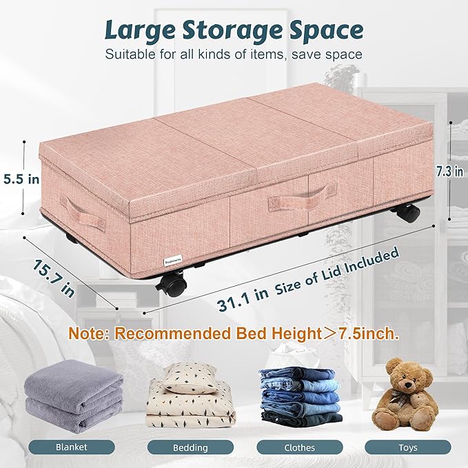 Under Bed Storage with Wheels, Rolling Underbed Storage Containers with Lids, Under Bed Shoe Storage Bins Organizer with Reinforced Metal Bottom Support and Three Handles