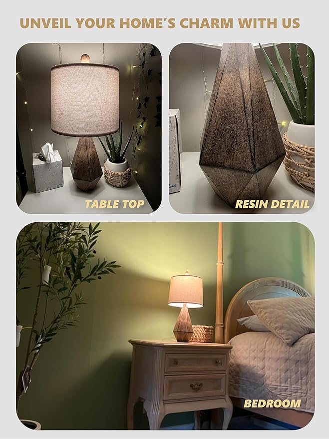 PoKat 20.25" Retro Farmhouse Table Lamp Set of 2 - Living Room & Bedroom Rustic Linen Bedside Nightstand Lamps for Kids, Study, Office - Resin, Suitable for Small Places