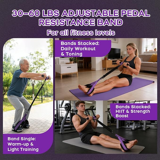 Multifunction Pedal Resistance Band with Handle, 3 Tube Adjustable 30/40/50LB Foot Pedal Puller Resistance Bands with Poster, Extended Length Tension Rope for Men Women Full Body Workout Home Gym