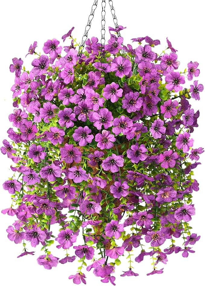 Homsunny Artificial Fake Hanging Plants Flowers Baskets for Outdoor Outside Spring Decor,Faux Silk Daisy UV Resistant Look Real Summer Decorations for Home Porch Patio Yard Garden(Purple