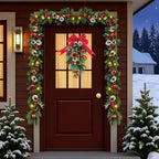 24" Pre-lit Decorative Teardrop Swag, Battery Operated Christmas Swag with Fairy Lights, Red Bowknot & Baubles, Pine Cones, Red Berries, Green Leaves Holly, Spruce Branches, Pine Needles