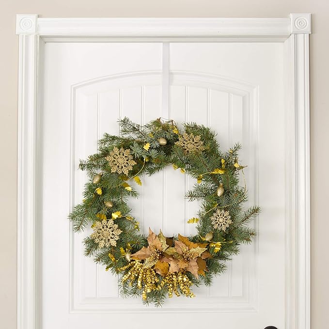 RN'D Over Door Wreath Hanger Hook - Thin Metal Overdoor Wreath Holder Seasonal Hanger Hooks for Front or Back Door (White, 15")