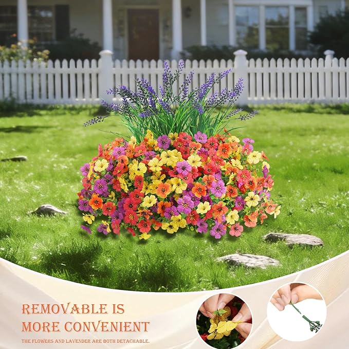 INQCMY Artificial Flowers for Outdoors UV Resistan 12 Pcs Silk Daisies with Eucalyptus Leaves and 2 Pcs Lavender Suitable for Porch Balcony Courtyard Garden (Red Lotus Orange Yellow Red)