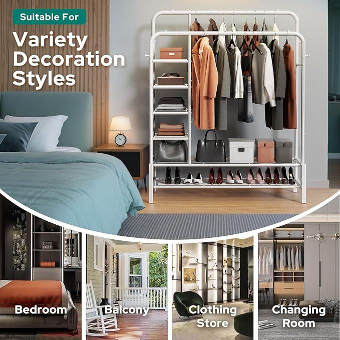 Clothes Rack, Double Rods Clothing Rack with 2 Bottom Shelves & 4 Side Shelves, Metal Garment Rack for Hanging Clothes, Heavy Duty Clothes Rack for Bedroom, Laundry, Living Room, White