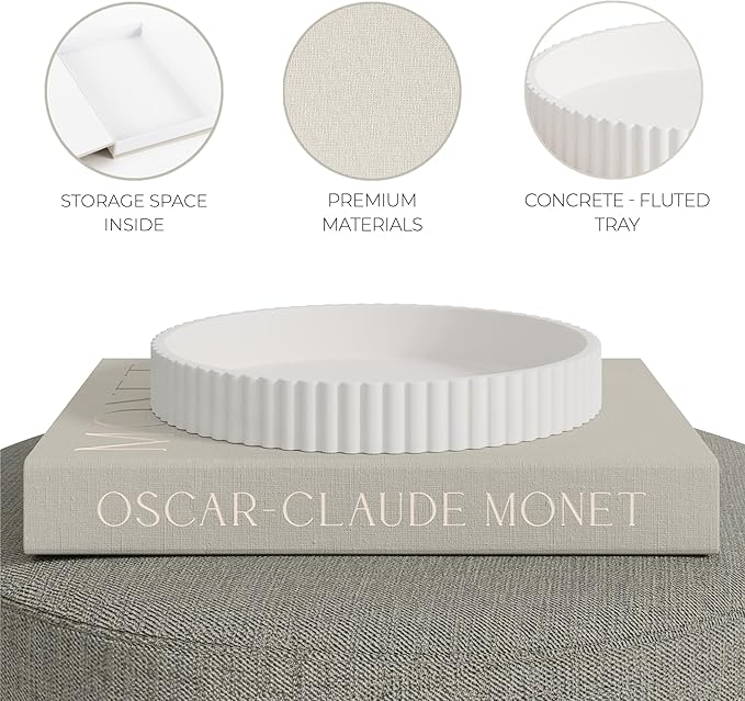 Decorative Concrete Tray & Book Decor Set - Scalloped Tray & Linen Box Enhance Your Coffee Table or Bookshelf Decor - Stylish Home Decoration for Your Living or Dining Room & as a Housewarming Gift