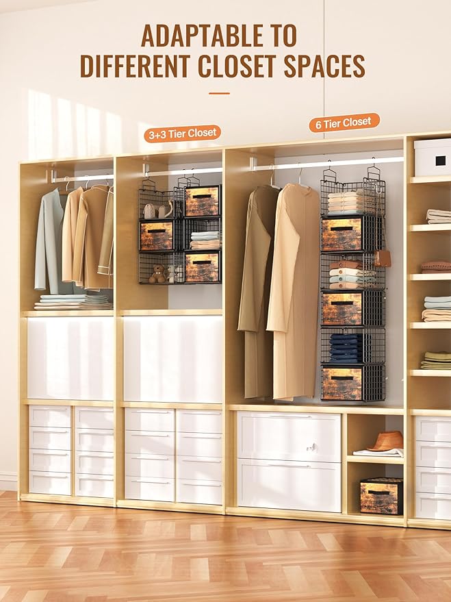 Closet Hanging Organizer with Drawers, 6 Tier Metal Closet Organizers and Storage with 4 Hanging Hooks 4 S-Hooks for Wardrobe Laundry Room, Wire Storage Shelf for Clothes Sweaters Pants (Black)