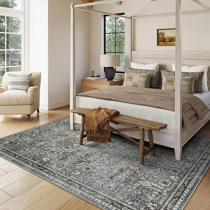 Lahome Black Floral Living Room Rug 8x10, Washable Charcoal Area Rugs for Bedroom, Soft Pet Friendly Stain Resistant Floor Carpets for Dining Room Decor