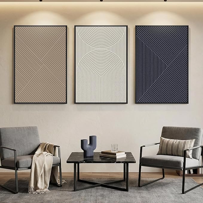 Large Framed Neutral Abstract Wall Art for Living Room, 3 Piece Modern Canvas Prints Paintings, Beige and Deep Blue Minimalist Geometric Pictures for Hallway Dining Bedroom Office Wall Decor 24x36 In