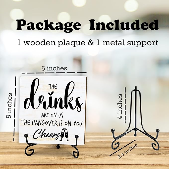Wedding Bar Sign With Stand, 5" Table Desk Decorations - The Drinks Is On Us The Hangover Is On You! Cheers - Funny Decor For Wedding Celebration Engagement Party Table Signage & Accessories - E03
