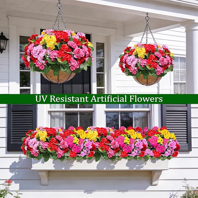 Artificial Geraniums Flowers for Outdoors Spring Decor, 8 Bundles UV Resistant Fake Geraniums Flowers Silk Faux Plants for Home Planter Gardens Table Patio Porch Indoor Summer Cemetery Decor(Color)