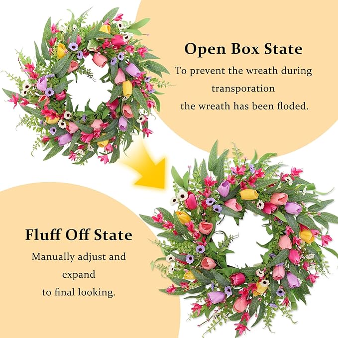 Spring Summer Wreaths for Front Door,22 Inch Artificial Tulip Wreath with Wildflowers,Eucalyptus Leaves for Indoor Outdoor Wall Porch Festival Farmhouse Home Holiday Decor.