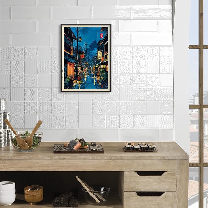 Podafu Japanese Tokyo Tea House Canvas Wall Art - Ukiyo-e Decor - 24x36in Black Framed