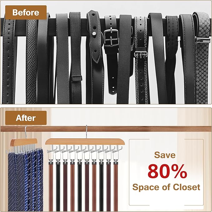 Tie Rack Hanger for Closet, 2 in 1 Belt Tie Hangers with 20 Folding Hooks, 360 Degree Rotating Wooden Tie Holder Organizer for Men Ties Belts Scarves Tank Tops Accessories, Wood (1 Pack)