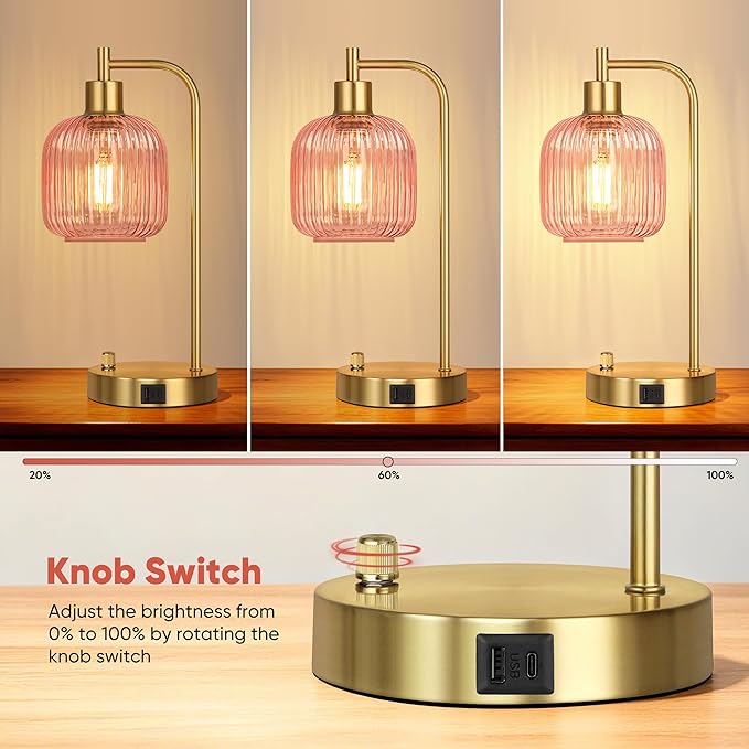 QiMH Industrial Table Lamp for Bedroom Set of 2, Pink Glass Beside Lamp with USB A&C Ports, Stepless Dimmable Gold Lamps, Nightstand Lamps for Living Room, Office, Home Decor(Bulb Included)
