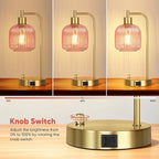 QiMH Industrial Table Lamp for Bedroom Set of 2, Pink Glass Beside Lamp with USB A&C Ports, Stepless Dimmable Gold Lamps, Nightstand Lamps for Living Room, Office, Home Decor(Bulb Included)