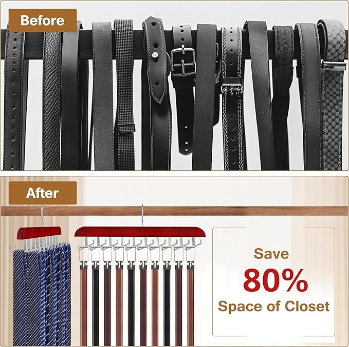 Tie Rack Hanger for Closet, 2 in 1 Belt Tie Hangers with 20 Folding Hooks, 360 Degree Rotating Wooden Tie Holder Organizer for Men Ties Belts Scarves Tank Tops Accessories, Walnut (2 Pack)
