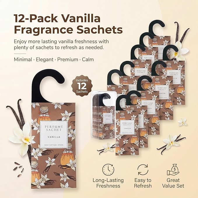 ROSE COTTAGE Large 12 Packs Vanilla Hanging Closet Air Freshener Scented Sachets Long Lasting Smell Goods