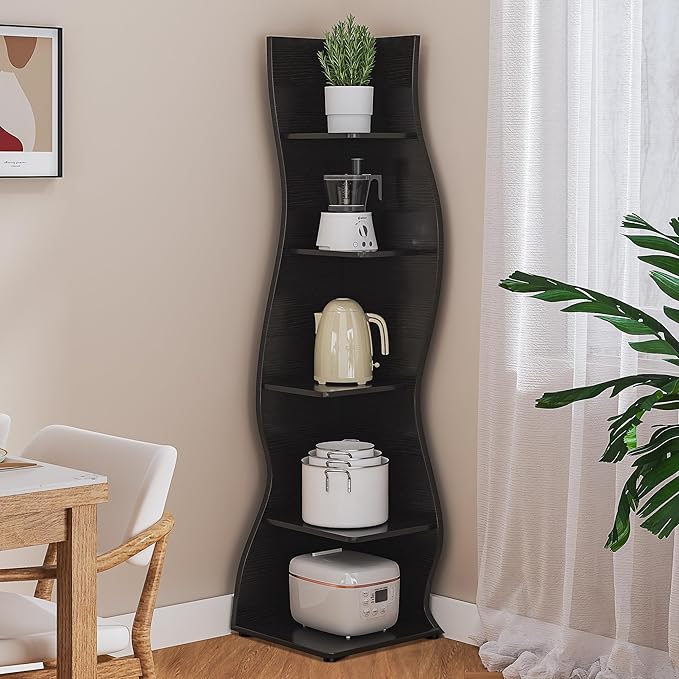 VECELO 2 Pcs Wavy Corner Shelf, Decorative 6-Tier Corner Display Bookshelf, Tall Storage Organizer for Small Spaces, Living Room or Bedroom, Black