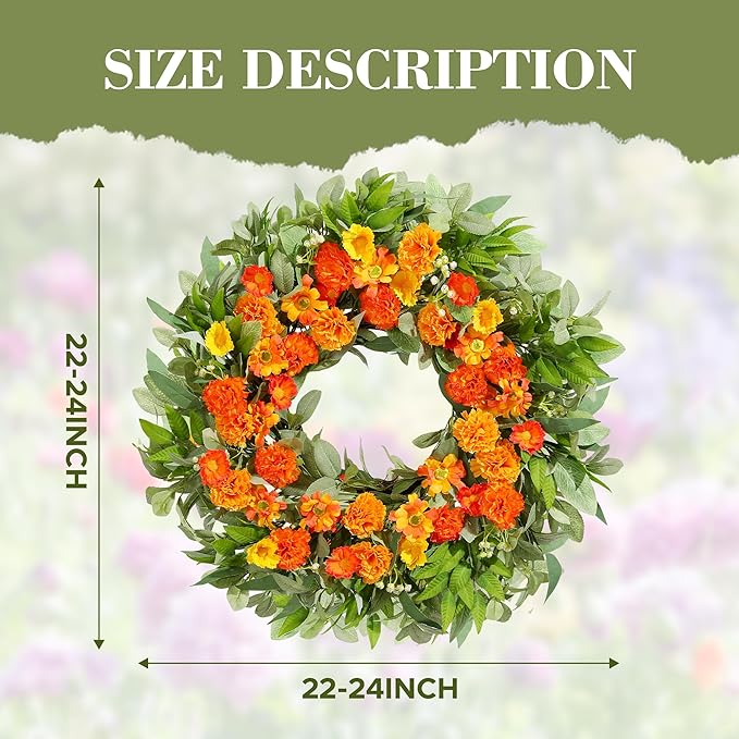 24 Inch Summer Wreaths for Front Door with Carnations, Daisies and Eucalyptus - Artificial Spring Summer Front Door Wreath for Farmhouse, Porch, Window, Wedding, Celebration, Indoor Outdoor Home Decor