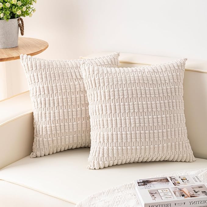 Aegero Pack of 2 Corduroy Decorative Throw Pillow Covers 26x26 InchSoft Striped Pillow Covers Modern Farmhouse Home Decor for Sofa Living Room Couch Bed（Cream White）