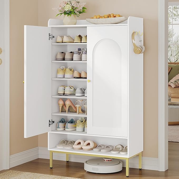 Shoe Cabinet with Doors, 7-Tier Shoe Storage Cabinet with Adjustable Shelves, Wooden Shoes Organizer Cabinets with Top Storage Layer, 28-32 Pairs, for Entryway, Hallway, White SR68703A