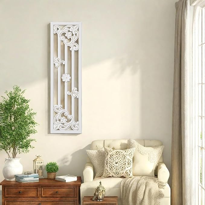 Sintosin Vintage Decorative Wood Panels for Walls 41 Inch, Hanging Distressed White and Gold Wall Art Decor, Handmade Rustic Floral Wood Wall Pediments for Living Room Bedroom Kitchen Hallway
