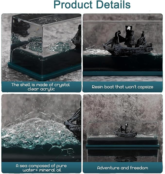 Unsinkable Black Pearl Pirate Ship in a Bottle,Boat Model Fluid Liquid Drift Bottle Visual Decorations Ornament Paperweight Desk Decor Gifts (N)