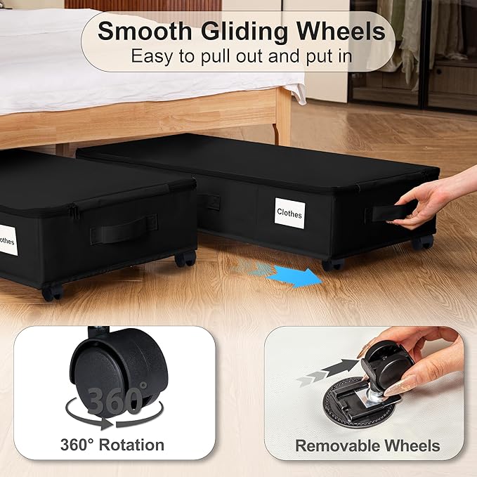 Under Bed Storage with Wheels, Rolling Under Bed Storage Containers with Label Holders for Clothes, Shoes and Blankets, Underbed Shoe Organizer with Cover, 2 Pack Black (30.71x15.7x7.28 in)