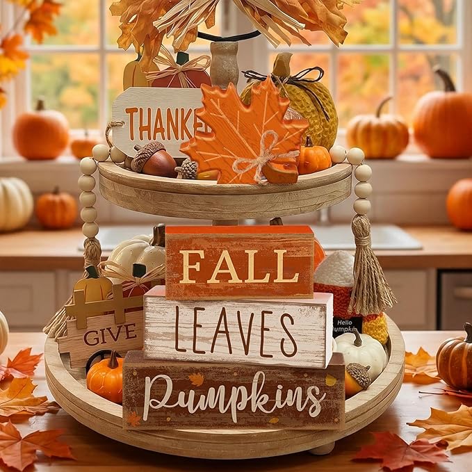 Lineshading 4 Pcs Fall Decoration for Home Wooden Maple Leaf Thanksgiving Table Centerpiece Rustic Thanksgiving Tiered Tray Decor Decorative Fall Leaves Block Signs Farmhouse Autumn Decor for Kitchen