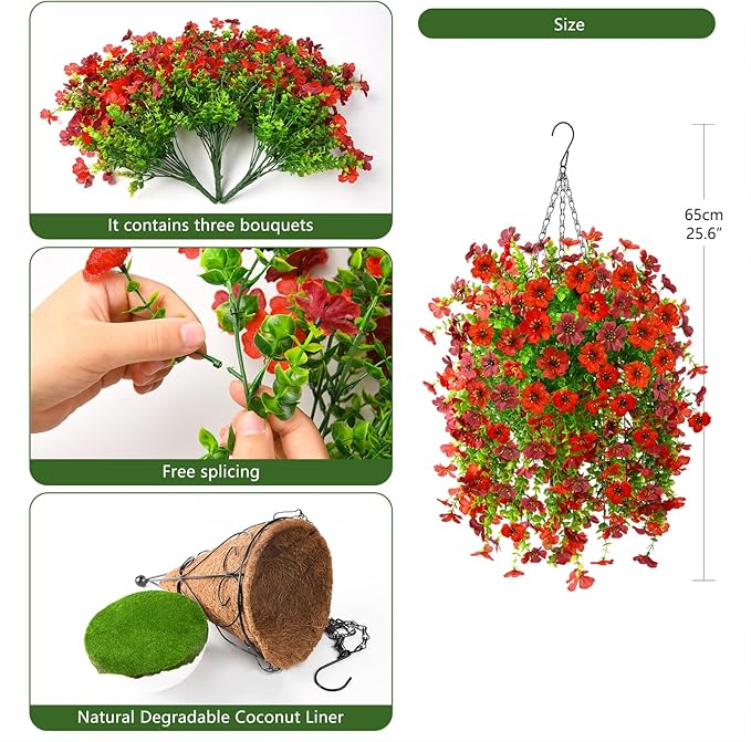 Homsunny Artificial Fake Hanging Plants Flowers Baskets for Outdoor Outside Spring Decor,Faux Silk Daisy UV Resistant Look Real Summer Decorations for Home Porch Patio Yard Garden(Red Brown)
