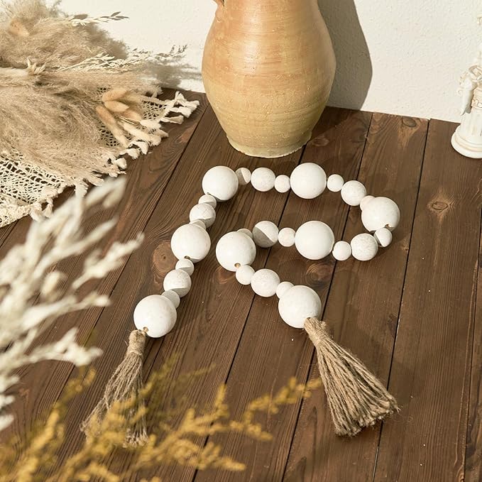 2" Extra Large Wood Bead Garland with Tassels, 50" Long Rustic Farmhouse Wooden Beads Garland, Decorative Beads Boho Decorations for Home Table Mantle White