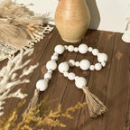 2" Extra Large Wood Bead Garland with Tassels, 50" Long Rustic Farmhouse Wooden Beads Garland, Decorative Beads Boho Decorations for Home Table Mantle White