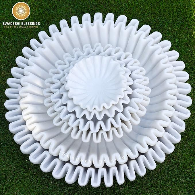 SWADESHI BLESSINGS HandCrafted Marble Ruffle Bowl/Antique Scallop Bowl/Fruit Bowl/Vintage Ring Dish/Decorative Flower Dish/HouseWarming Gift/Wedding Gifts/Urli (12 Inches)