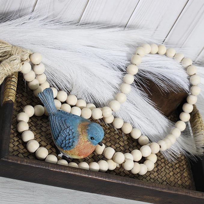 Farmhouse Decor Beads 60in Wooden Bead Garland with Tassels Rustic Minimalist Home Accent Prayer Country Boho Decoration for Wall Hanging Living Room Table Mantle Shelf Decor, Natural