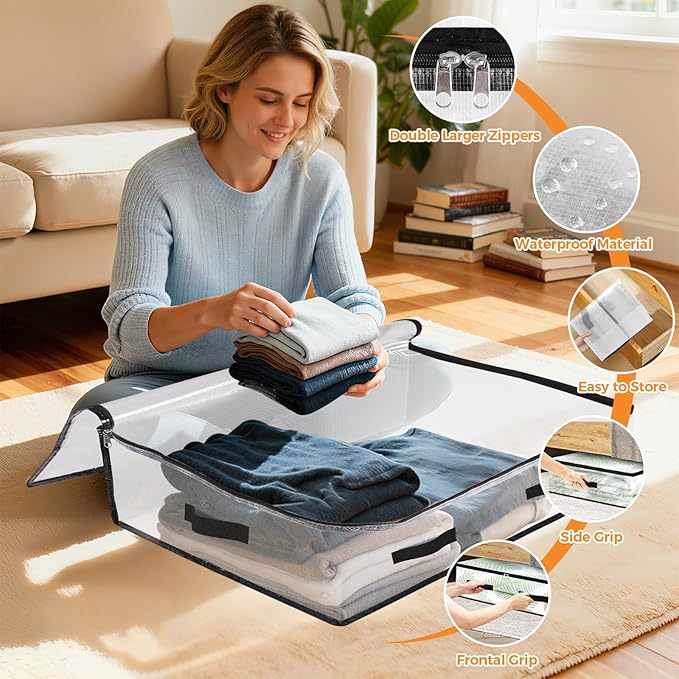 2 Pack Under Bed Storage Bags, 60L Foldable Clear Storage Containers with Handles, Dual Zippers for Comforter, Clothes, Bedding, Linen Sheets, Sweaters, Blanket Storage