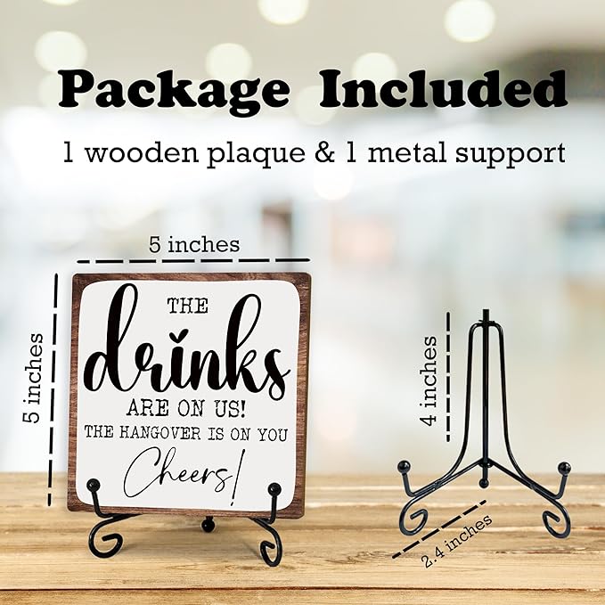 5" Funny Bar Sign With Metal Stand - The Drinks Are On Us - Rustic Bar Decoration Restroom Wood Plaque, Gift For Women & Men, Home & Office Desk Decor & Accessories - C02