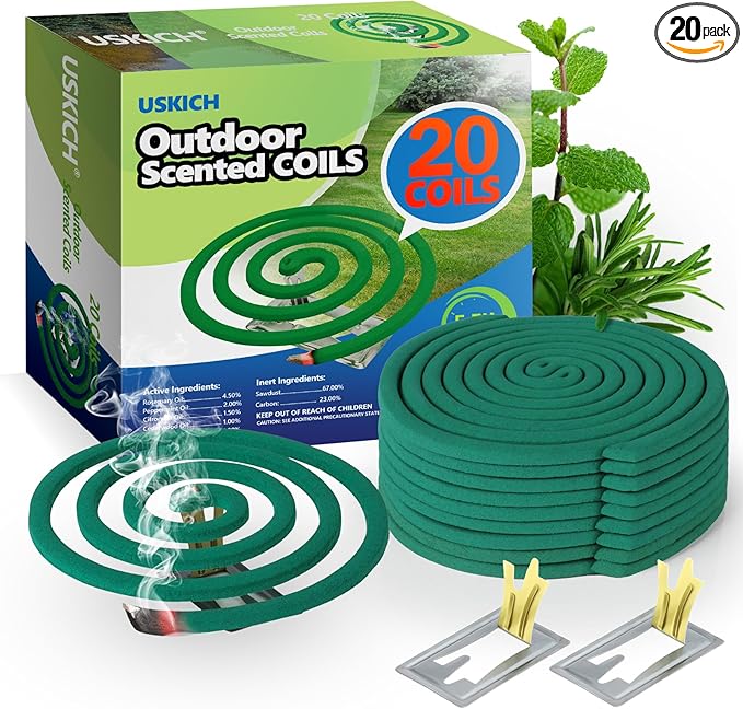 Natural Essential Oil Scented Coils for Outdoor Use, Fresh Aroma, Burns 5-7 Hours, 20 Coils & 2 Stands for Patio Backyard