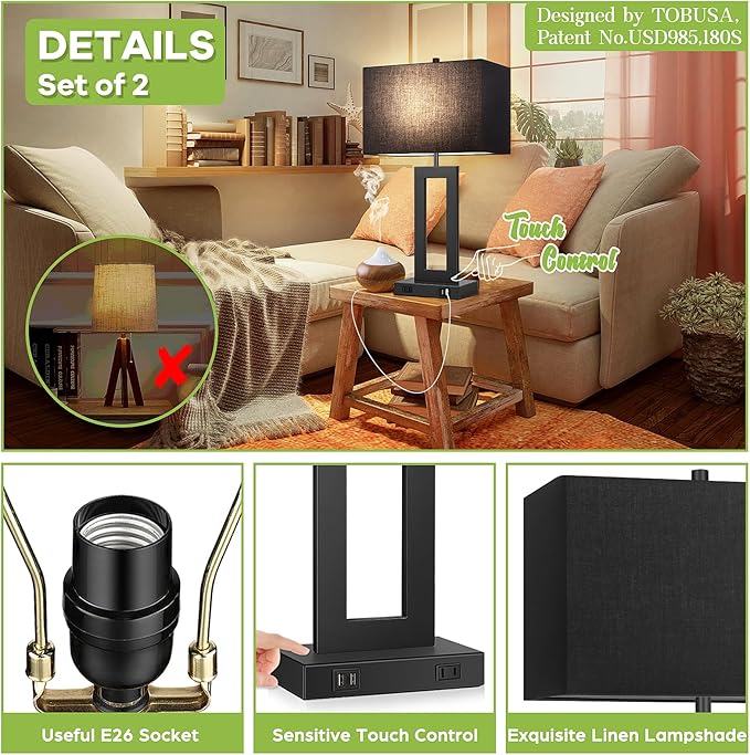 Set of 2 Touch Control Table Lamps with 2 USB Ports&AC Outlet, 3-Way Dimmable Modern Nightstand Lamp Sets, Bedside Desk Lamps for Bedroom Living Room End Tables Reading, Bulbs Included, Blue Shade